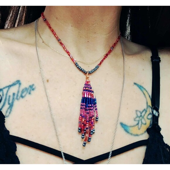 Boho Chic Beaded Fringe Cascade Choker Necklace, Artisan Statement 14.5" - Picture 2 of 7